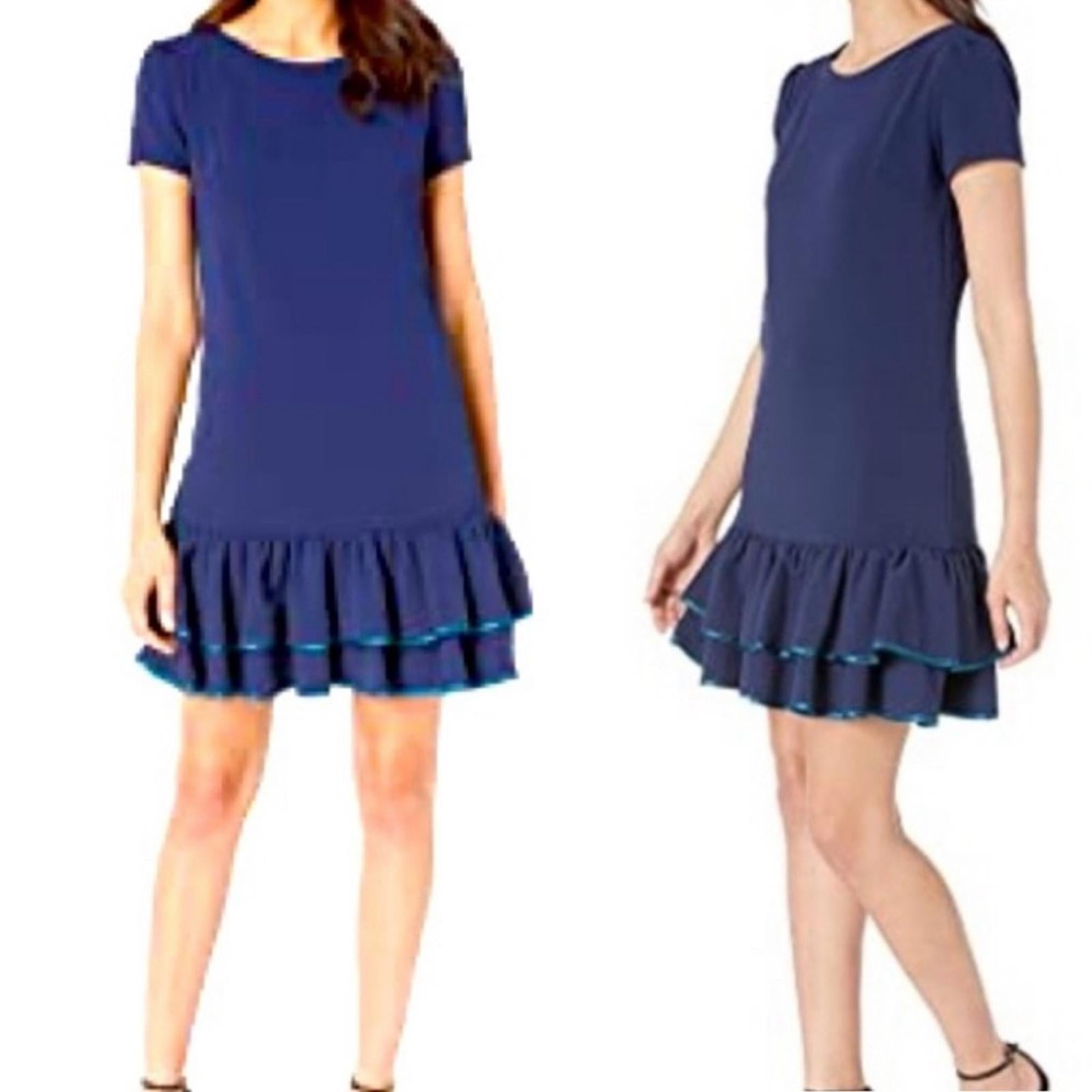 Betsy Johnson Tiered Double Ruffle Hem Dress in Navy Blue, EXCELLENT, Size 14