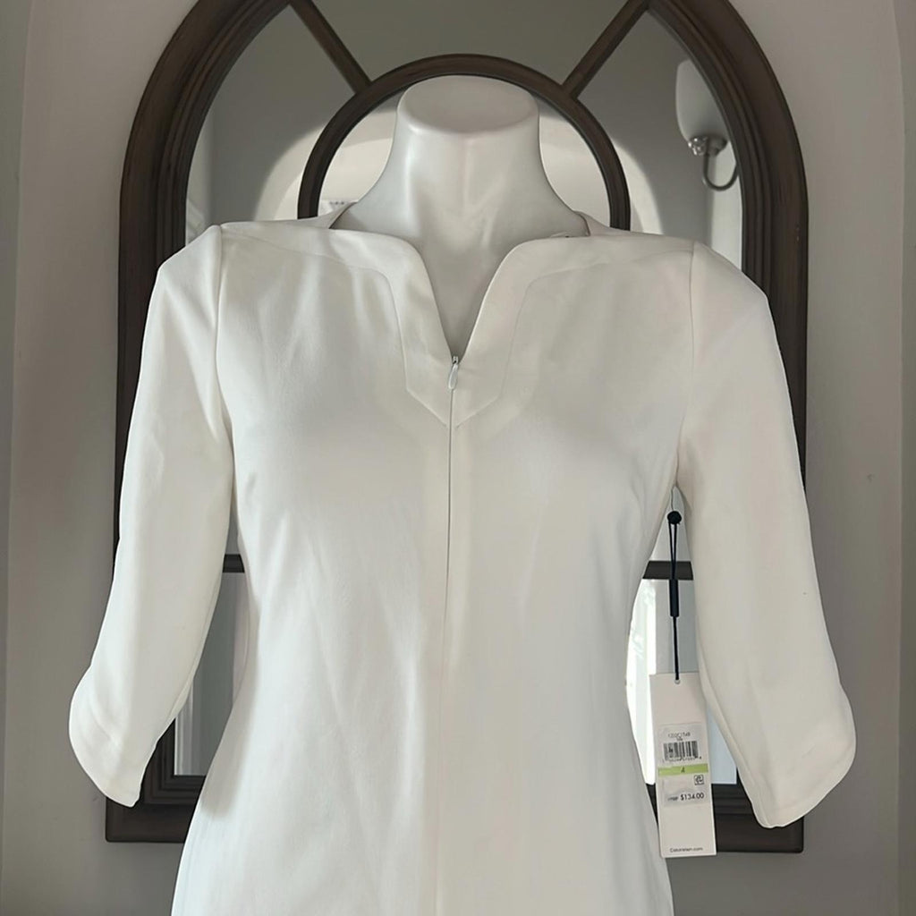 Calvin Klein WHITE Zippered 3/4 Sleeve V-Neck Midi Sheath Dress, Size 4 NWT $134