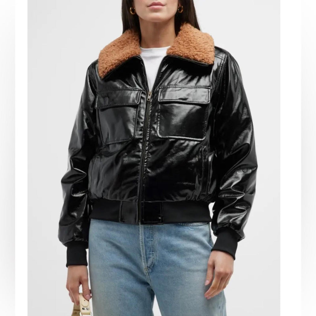 Mother Pilot Faux Patent Leather Jacket in Black, Size XL New w/Tag $395