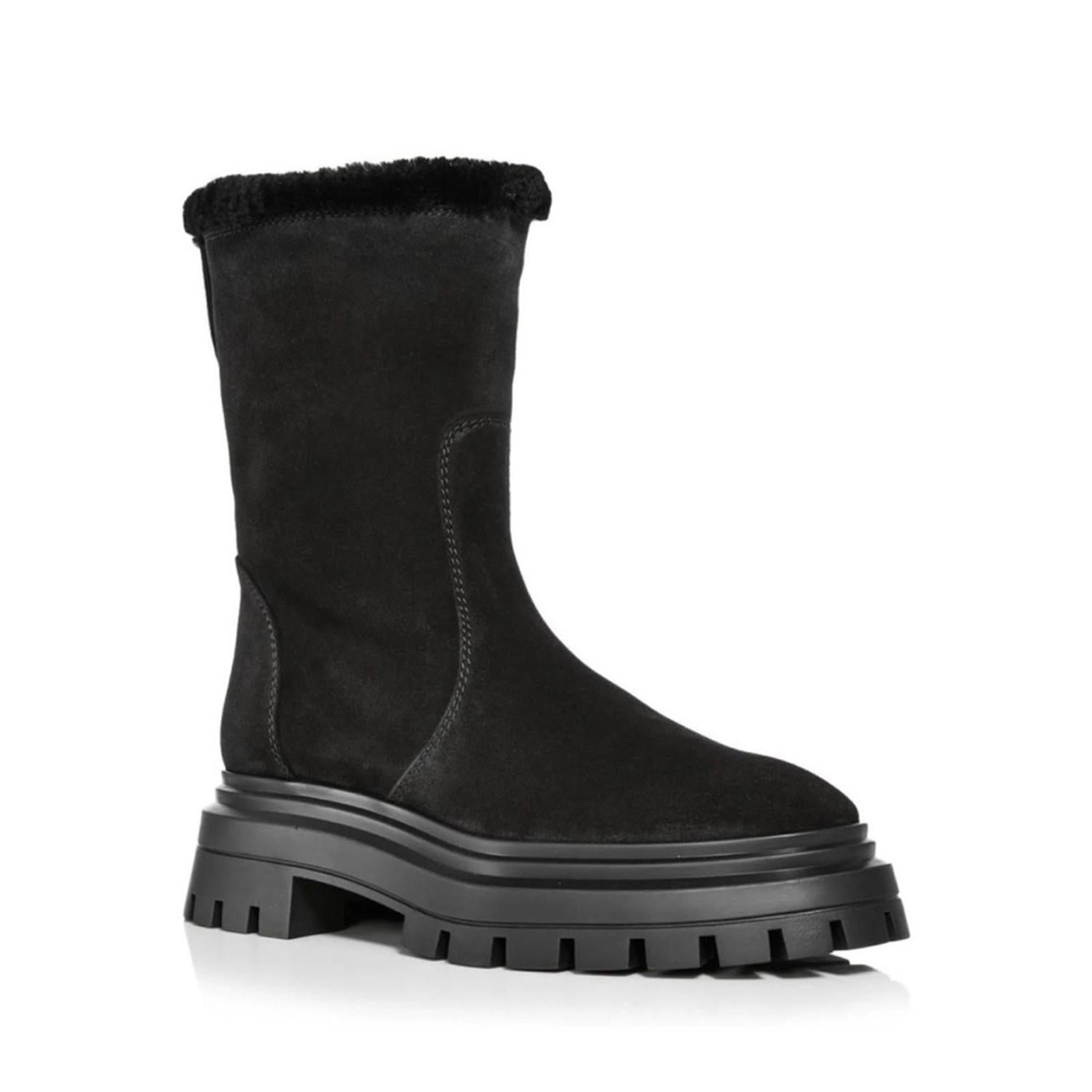 Stuart Weitzman Bedford Chill Suede Shearling Moto Boots, Black Size 6.5 NWT