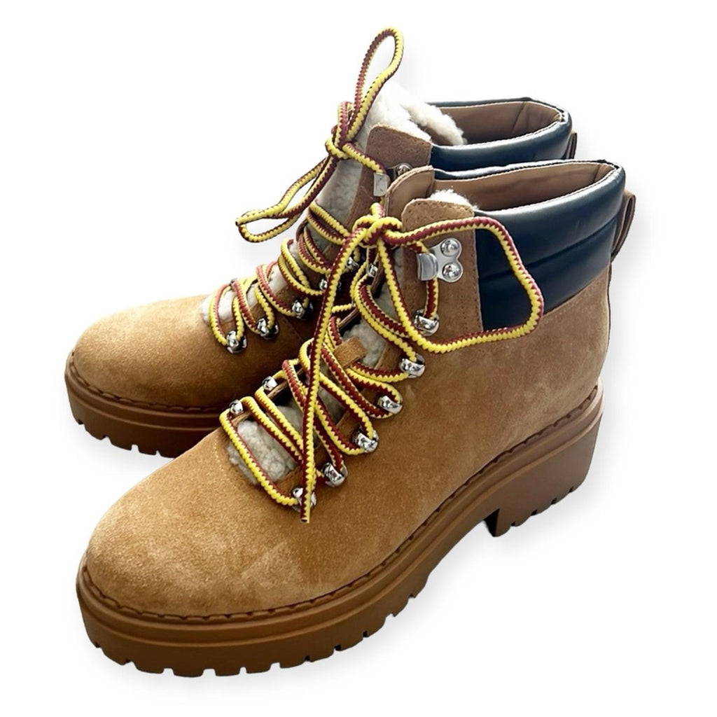 Marc Fisher LTD Nairy Lace-Up Genuine Shearling Lug Sole Bootie Tan Size 7.5 NEW