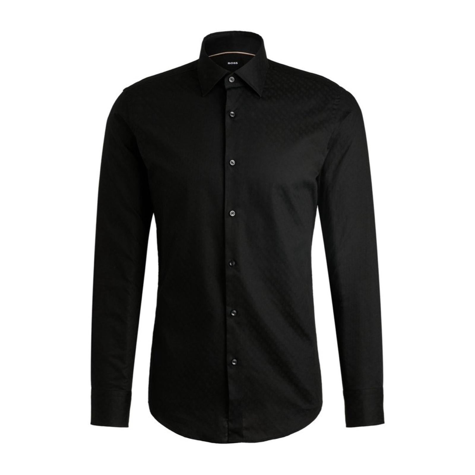 Boss Slim-Fit Shirt in Italian Cotton with Jacquard Monograms in Black Size 16.5