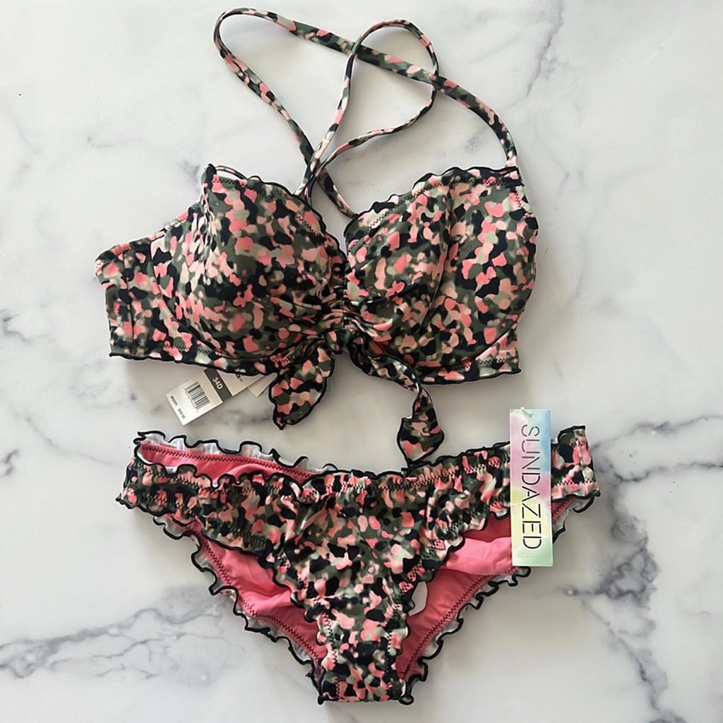 Sundazed Cruise Bikini Set, Mermaid Ruffle Bottom S, Ava Ruffle Bow Top Size 34D