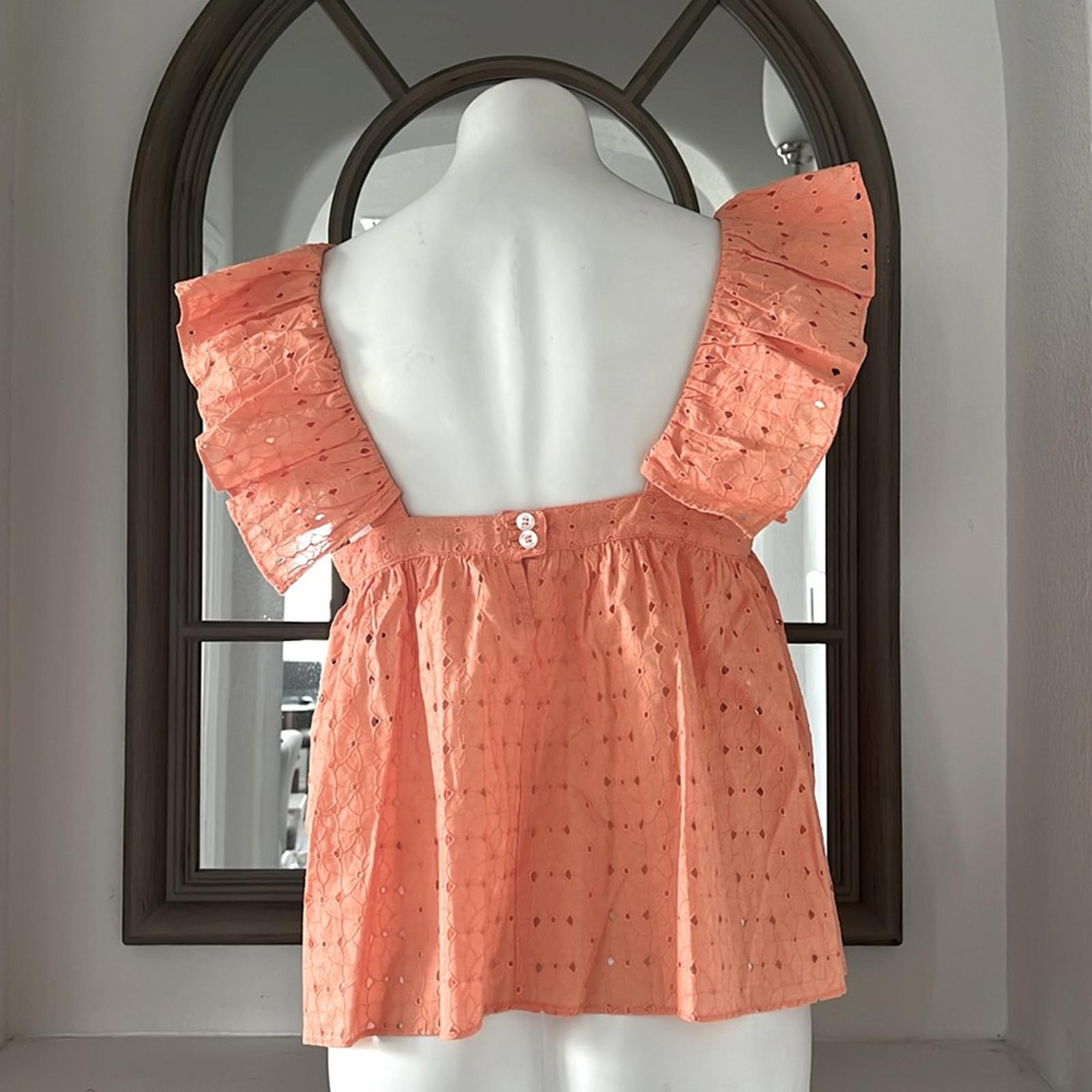 Katharine Kidd Double Ruffle Square Neck Sleeves Top, Peach Size M New w/Tag