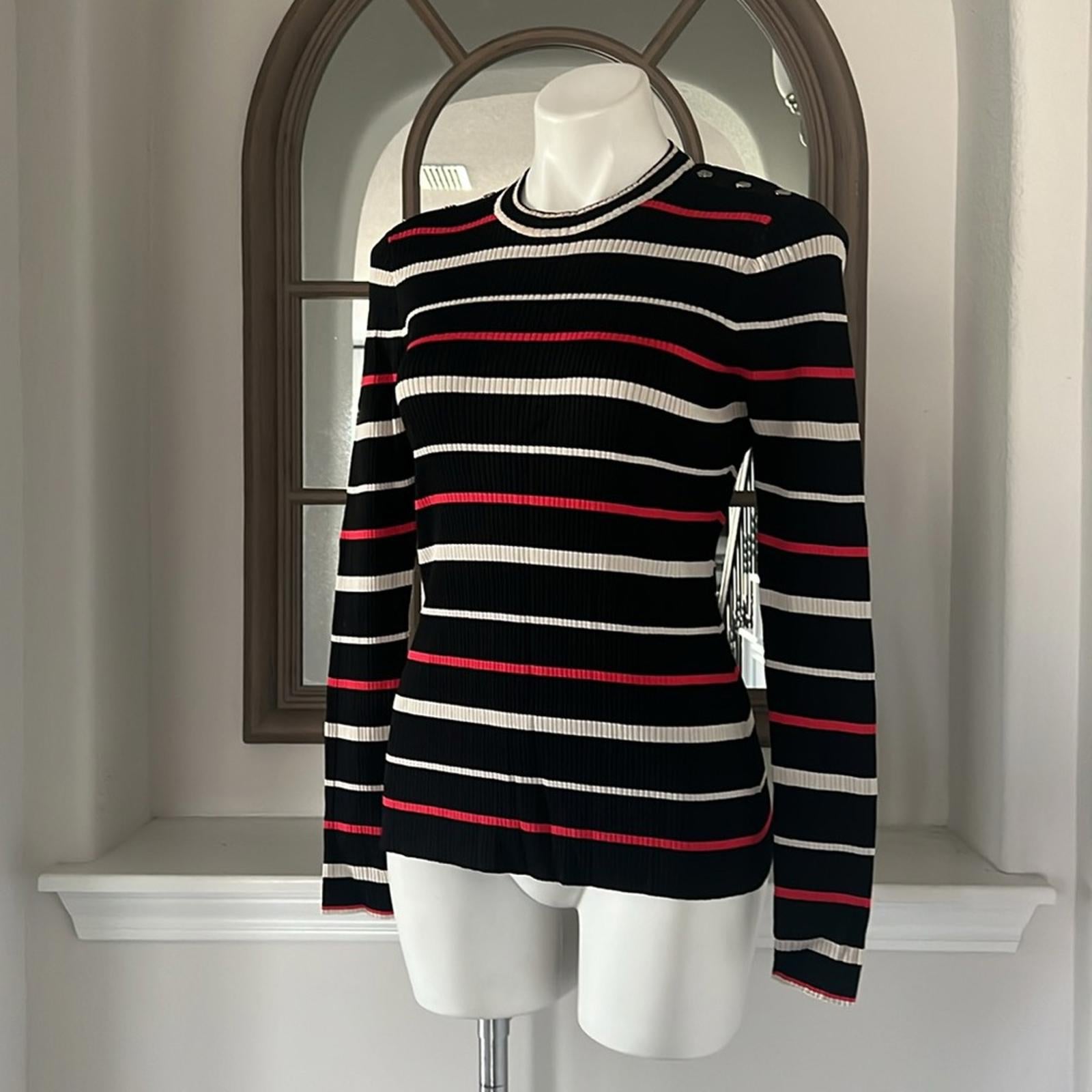 ST JOHN Stripe Crewneck Sweater, Cavair/Tikka Red Multi Size M New w/Tag