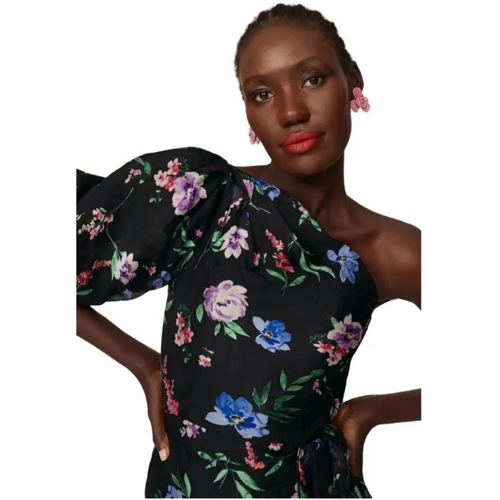 Shoshanna Midnight Gia One Shoulder Silk Floral Dress, Black Size 8 Retail $595