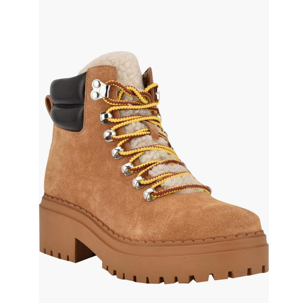 Marc Fisher LTD Nairy Lace-Up Genuine Shearling Lug Sole Bootie Tan, Size 7 NEW