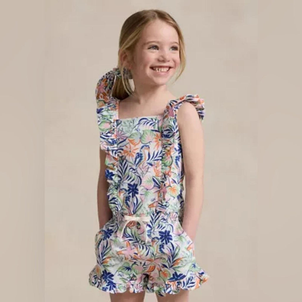 Polo Ralph Lauren Tropical-Print Ruffled Cotton Romper, Size M(8-10) NEW w/Tag