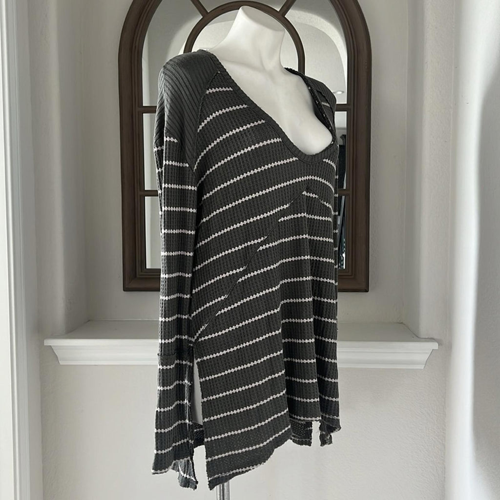 Free People Sunset Park Grey Oversized Striped Waffle Thermal Sweater Size M NWT