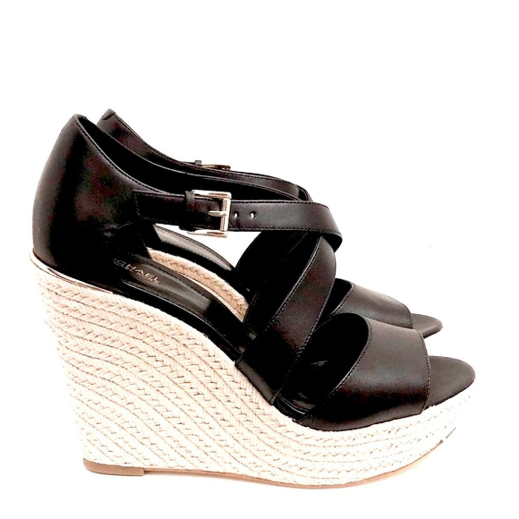 NEW Michael Kors Leather Wedge Sandals Espadrilles Black, Size 9.5 Retail $139