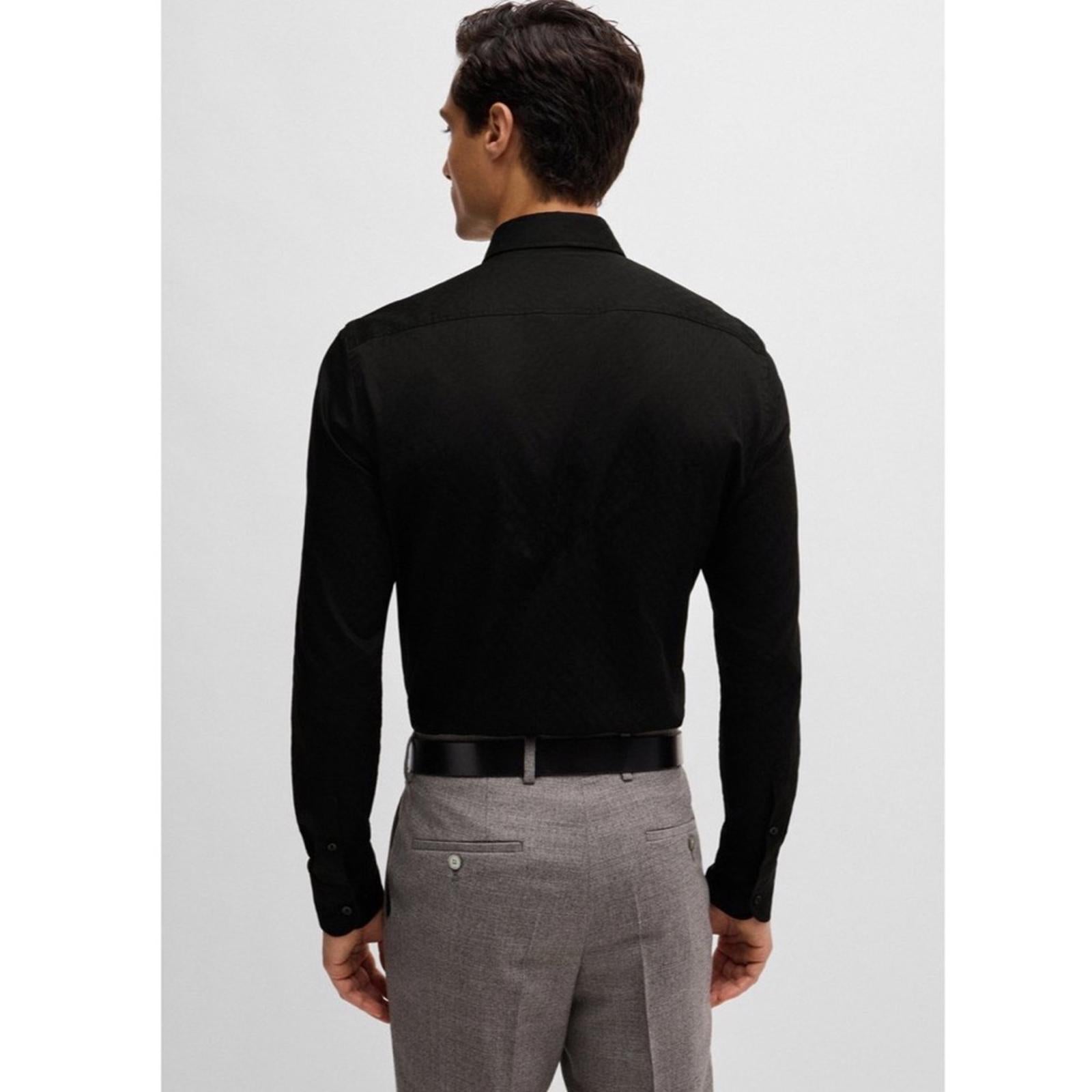 Boss Slim-Fit Shirt in Italian Cotton with Jacquard Monograms in Black Size 16.5