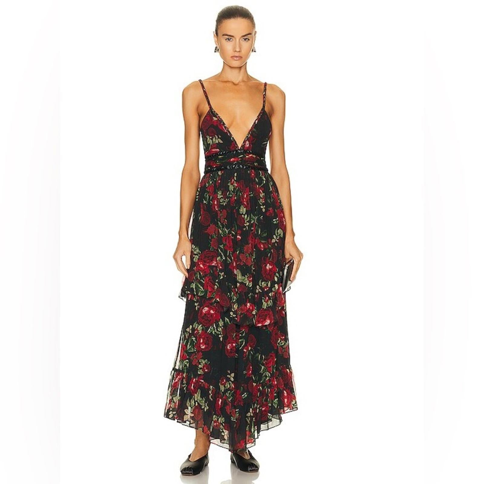 Rococo Sand Tiered Maxi Dress in Black/Red Roses, NWT, Size XS Retail $478