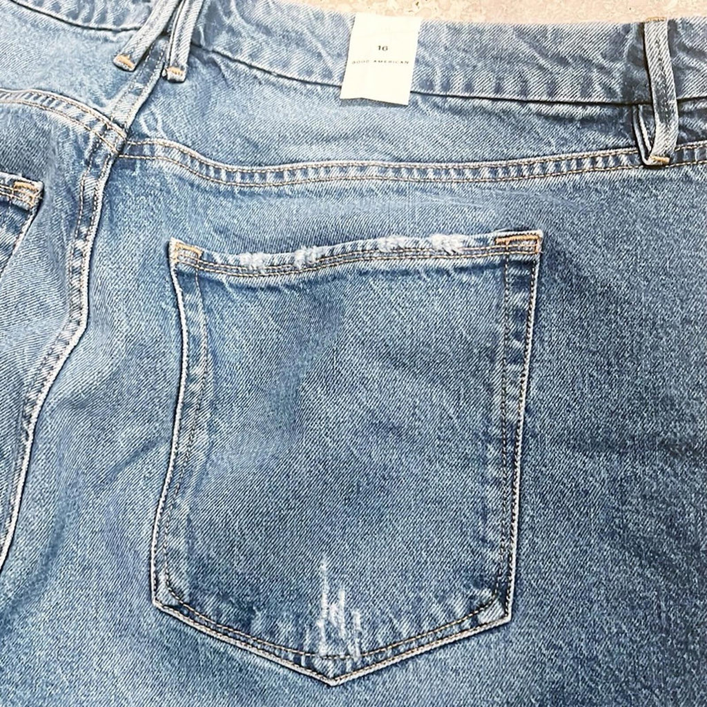 Good American Straight Leg Raw Hem Jeans, Blue Size 16 New w/Tag