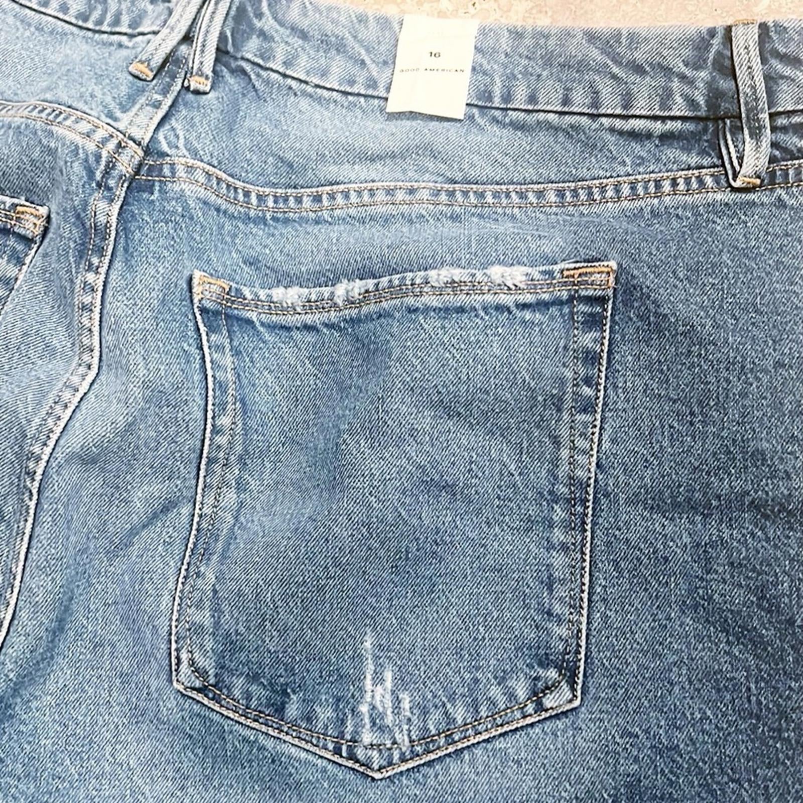 Good American Straight Leg Raw Hem Jeans, Blue Size 16 New w/Tag