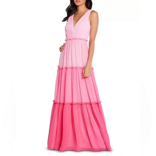Aidan Mattox V-Neck Ciffon Color-Block Tiered Maxi Gown in Pink, Size 0 NWT $330
