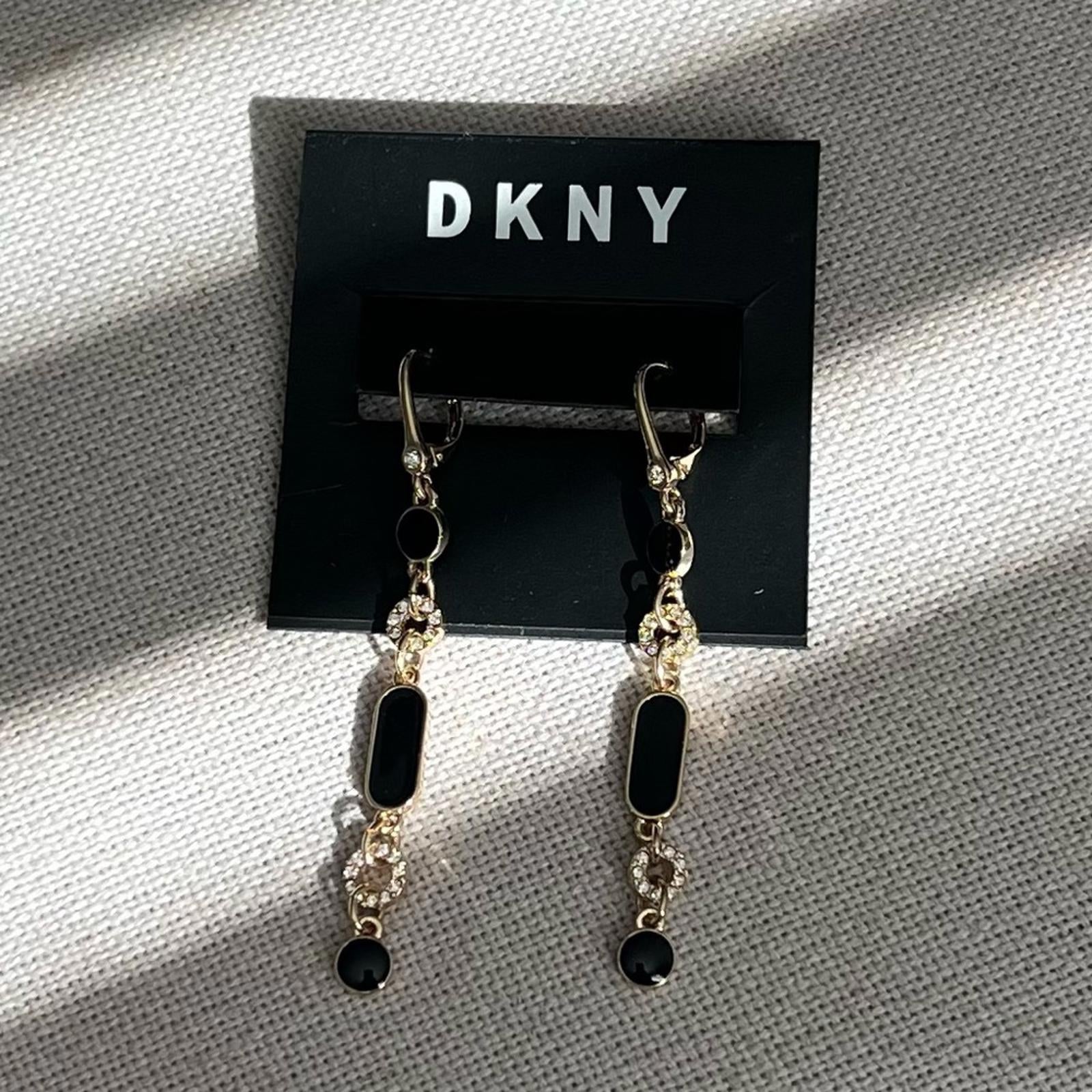 DKNY Gold-Tone Pave Circle & Jet Resin Linear Drop Earrings Black/Gold New w/Tag