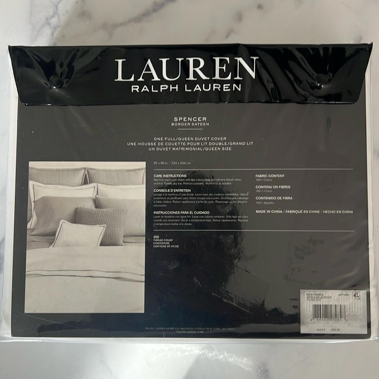 Lauren Ralph Lauren Spencer Sateen Border Queen Duvet Cover Soft Grey New w/Tag