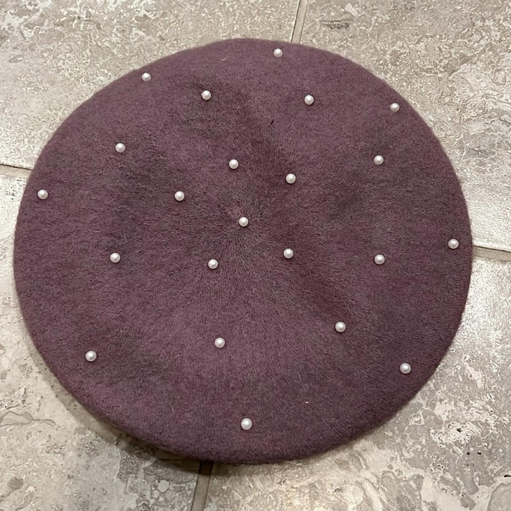 NWT INC Wool Blend Beret Winter Hat w/Imitation Pearl in Mauve, Retail $44.50