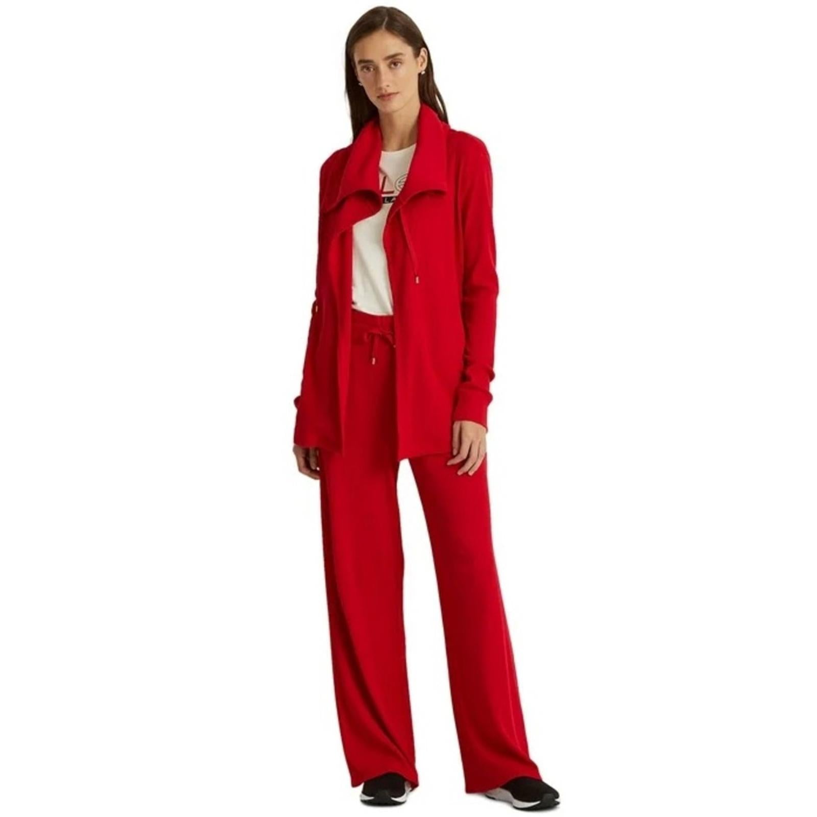 Lauren Ralph Lauren RED Thermal Tie Hooded Waffle Knit Cardigan Size XL NEW