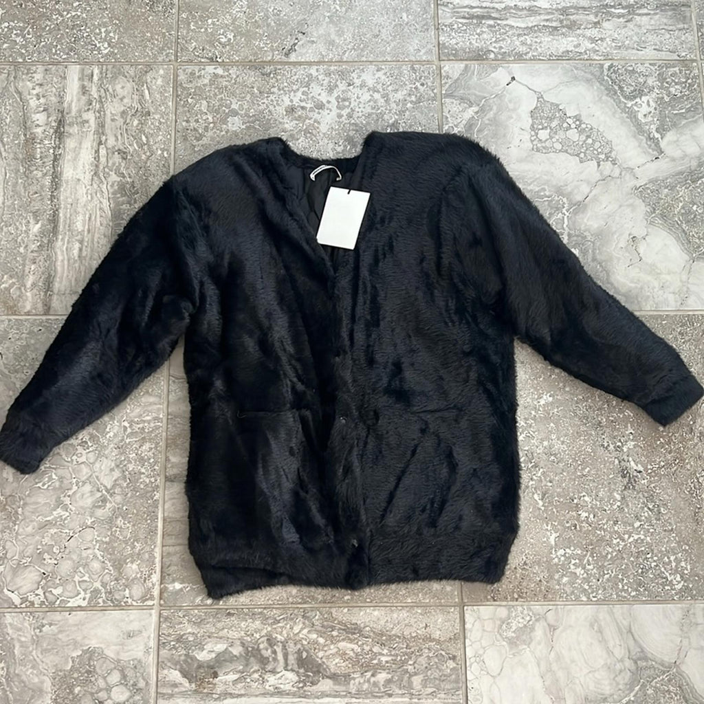 Alexander Wang Faux Fur V-Neck Cardigan w/Quilted Lining, Black Size S New w/Tag