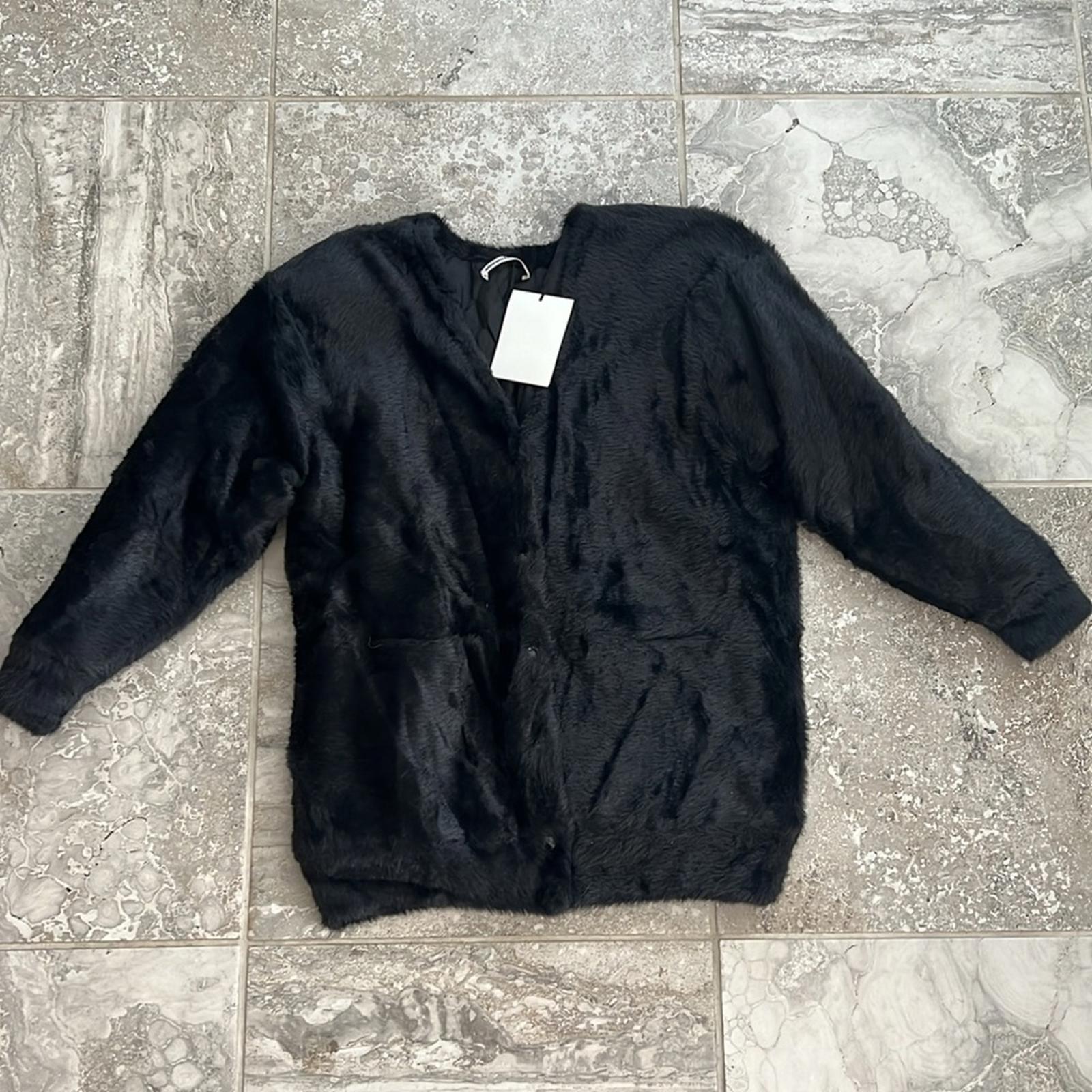 Alexander Wang Faux Fur V-Neck Cardigan w/Quilted Lining, Black Size S New w/Tag