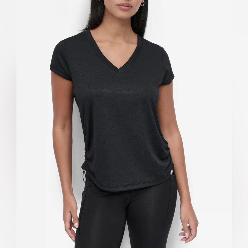 DKNY Tech-Mesh Performance V-Neck Tech Tee w/Ruched Drawcord Side Seams, NWT, M