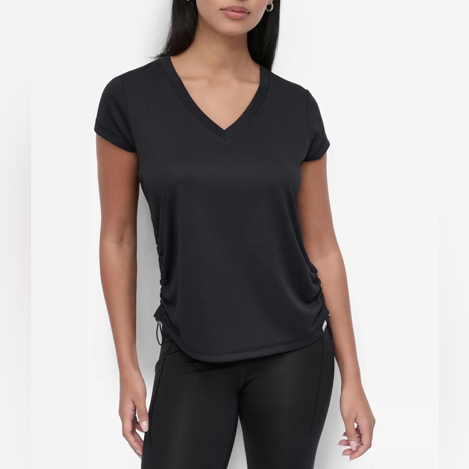 DKNY Tech-Mesh Performance V-Neck Tech Tee w/Ruched Drawcord Side Seams, NWT, M