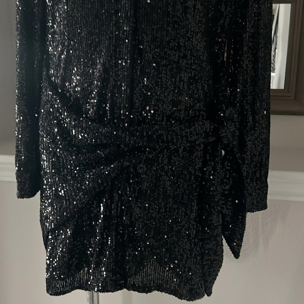 Parker Black Faux Wrap Button Front Mini Dress, Sequin Black Size S