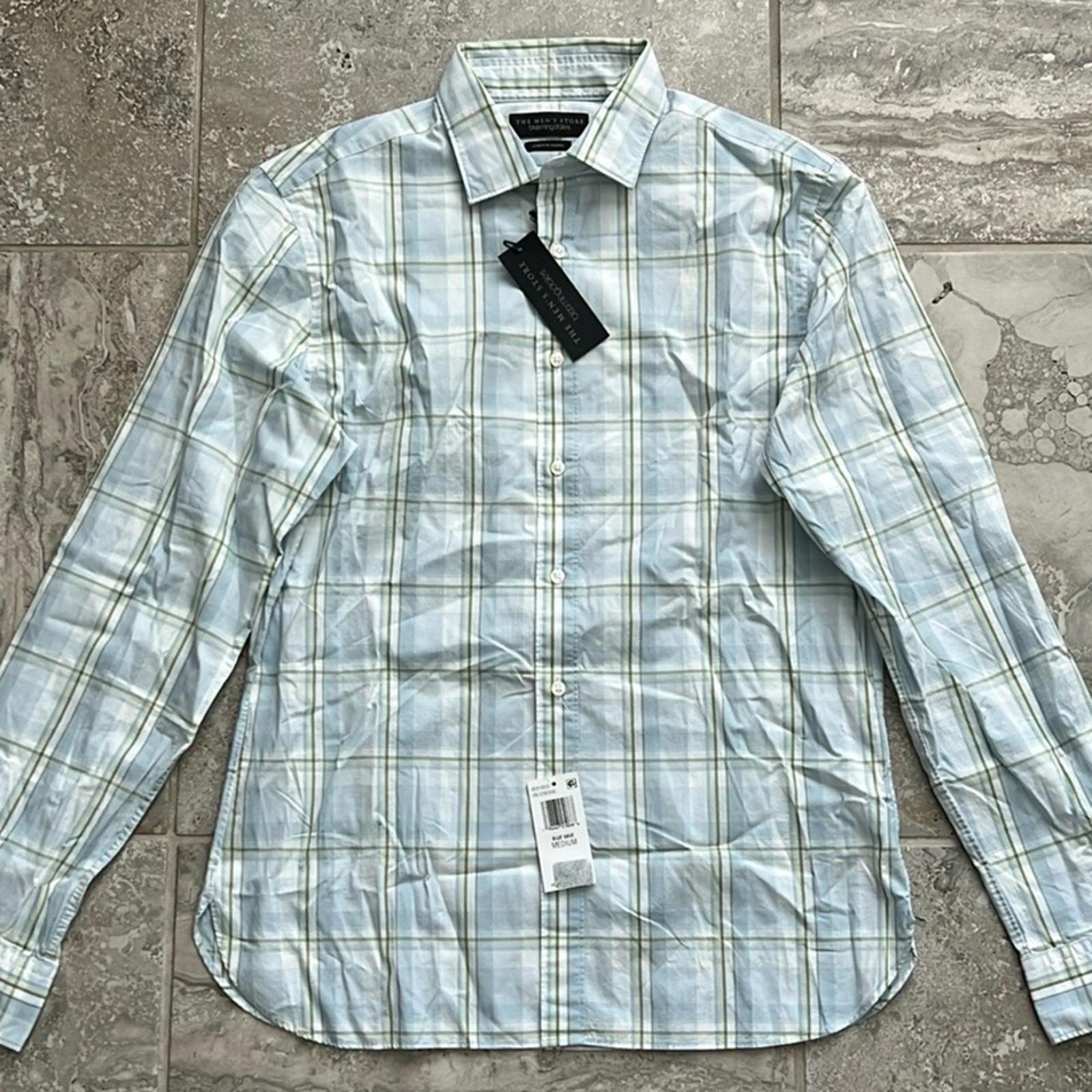 The Men’s Store Bloomingdale’s Plaid Button Up Dress Shirt Blue Sage Size M NWT