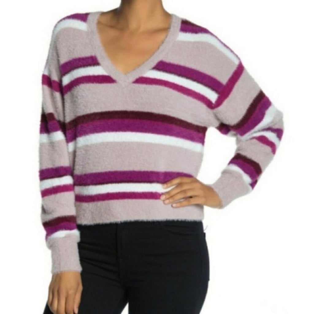 Splendid Striped Plush V-Neck Sweater in Lilac Burgundy, Size M New w/Tag