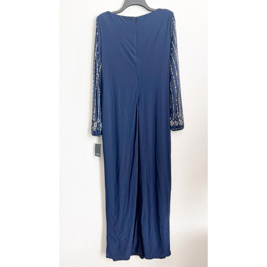 Marina Sheer Beaded Long Sleeve Maxi Dress in Navy, Size 16, New w/Tag