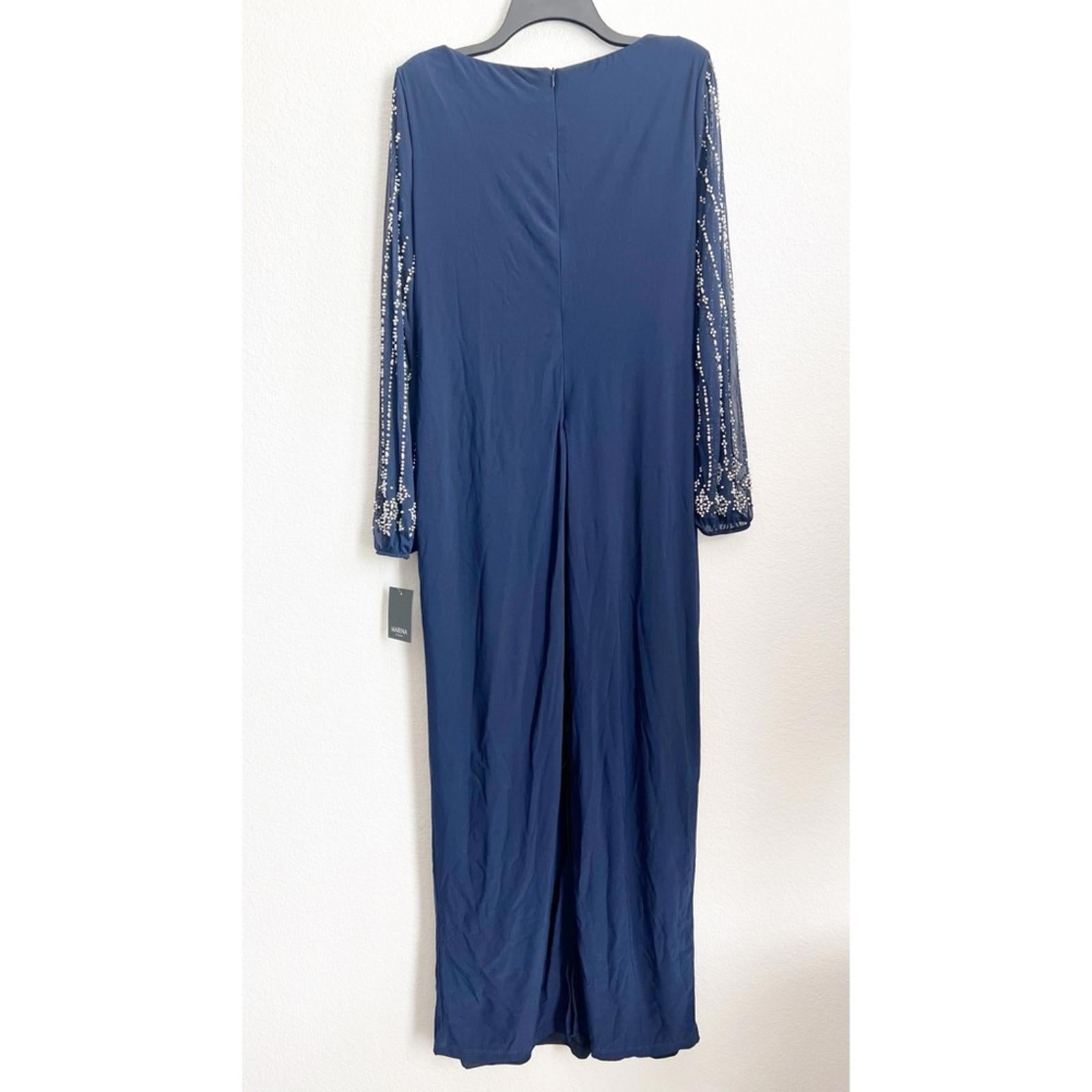 Marina Sheer Beaded Long Sleeve Maxi Dress in Navy, Size 16, New w/Tag
