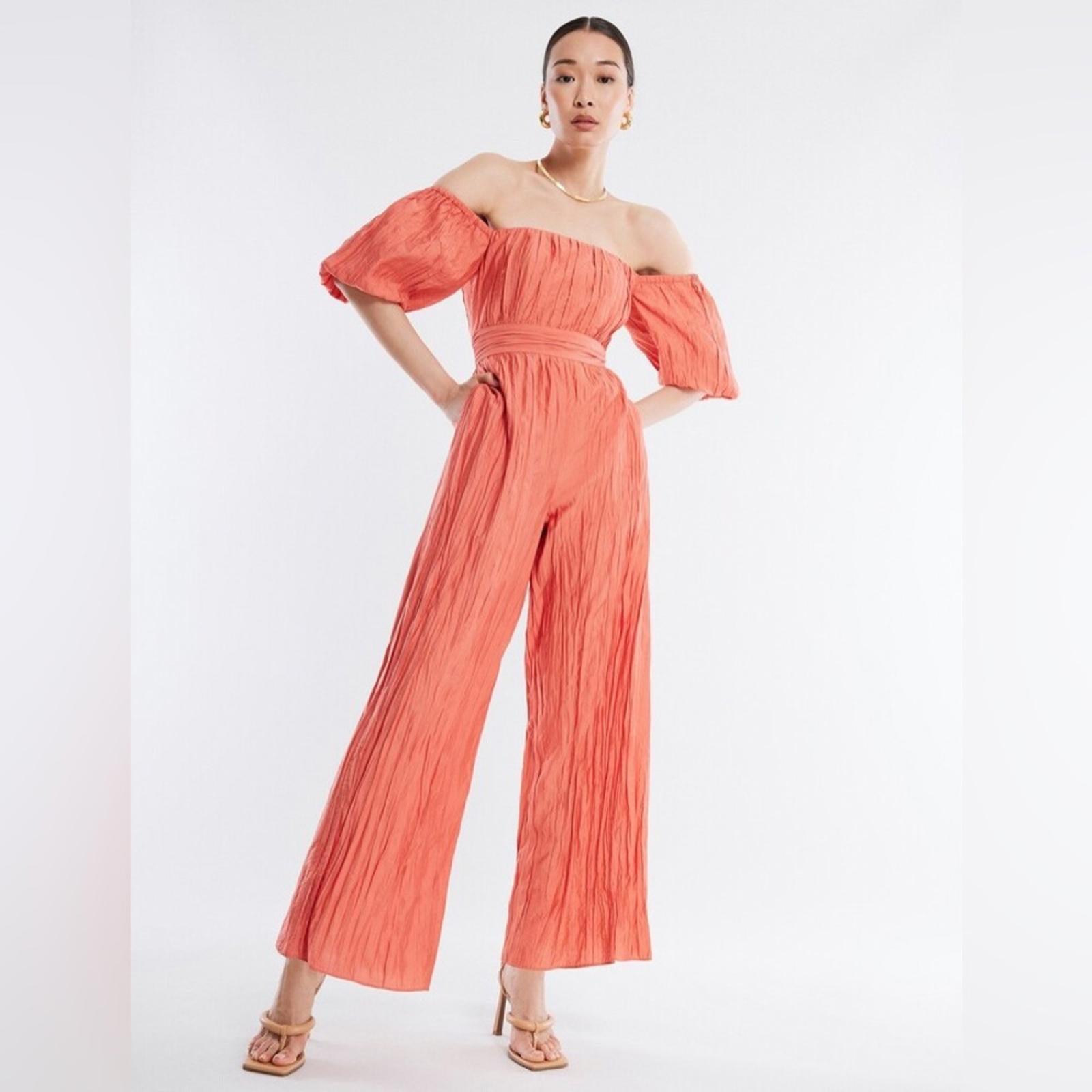 BCBGMAXAZRIA Felix Puff Sleeve Jumpsuit, Coral Size 2 New w/Tag Retail $348