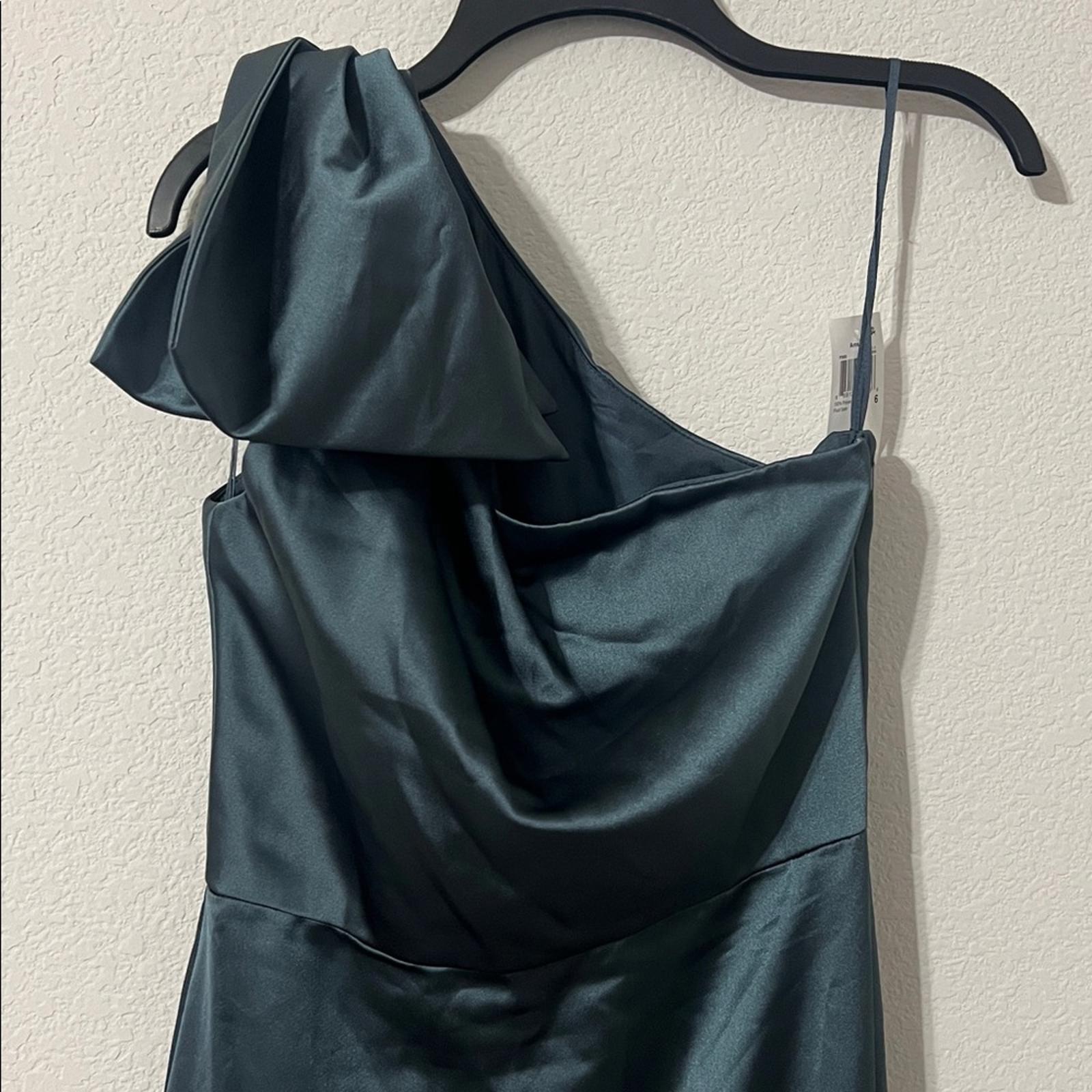 Amsale One-Shoulder Fluid Satin A-Line Gown in Petrol Green, Size 6, NEW