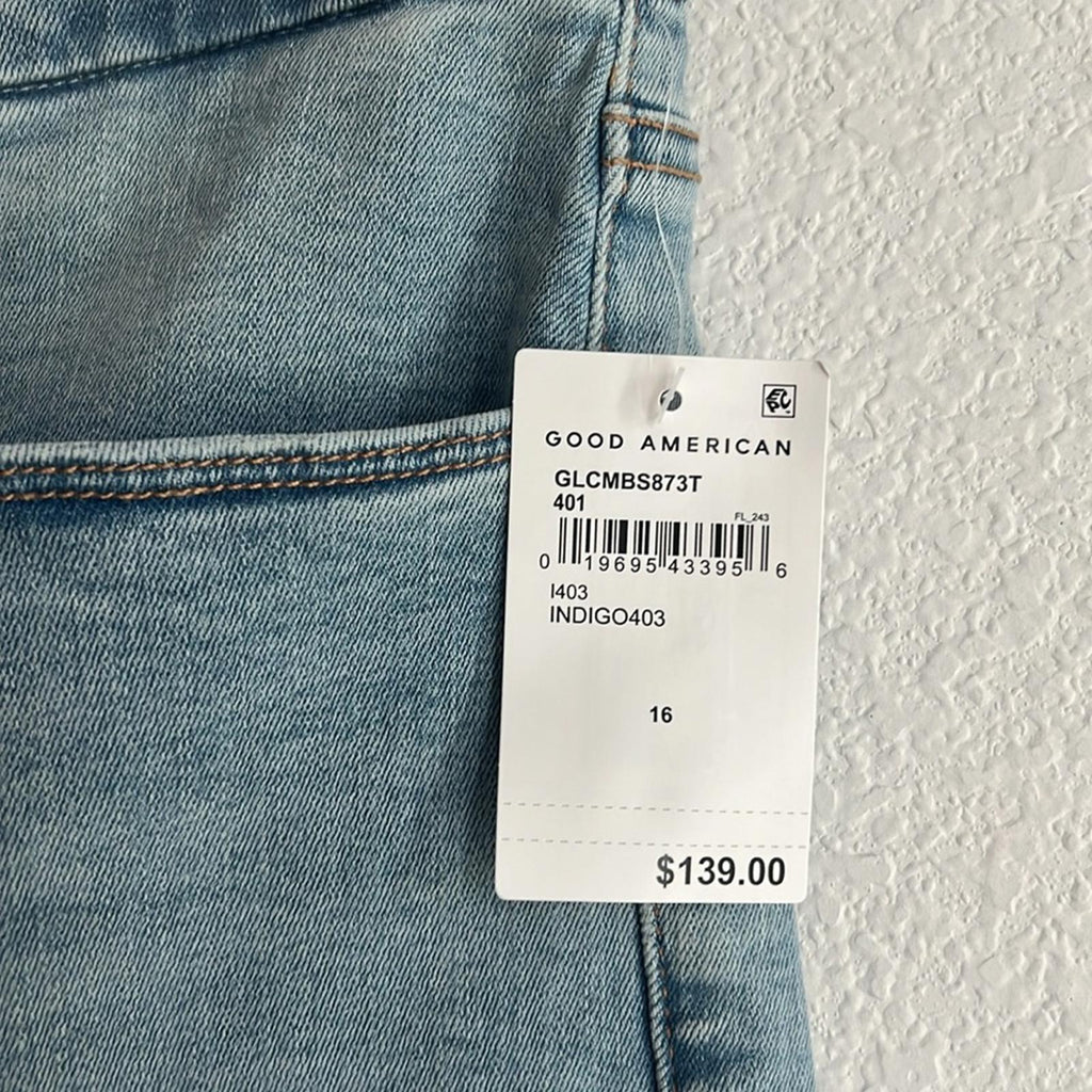 Good American GLC High Rise Mini Bootcut Jeans in Indigo, NWT, Size 16
