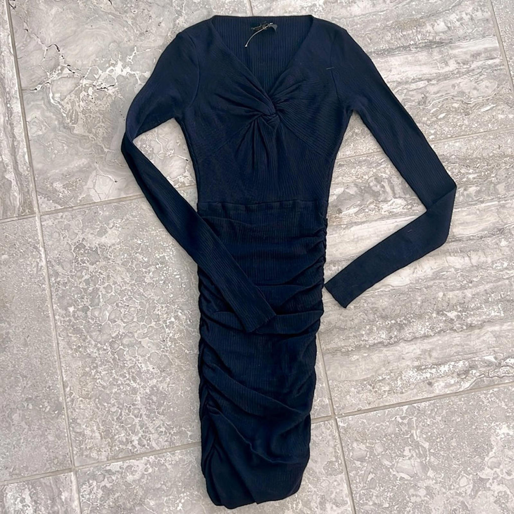 Maje Tight-Knit Long Sleeve Ruched Sweater Dress in Navy, Size 1 (S) Retail $345