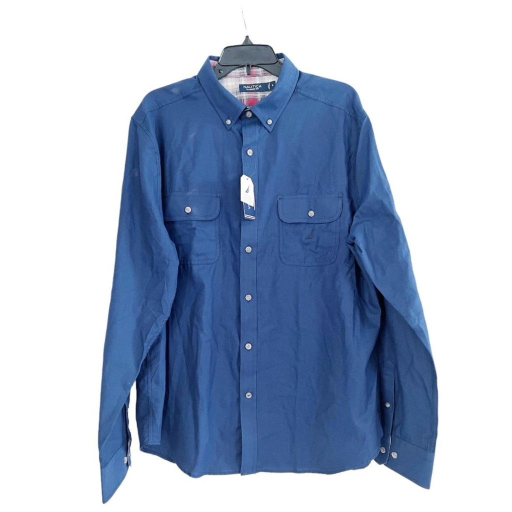 Nautica Twill Dress Shirt Navy Blue Plaid Detailed Rollable Sleeves, Size XL NWT