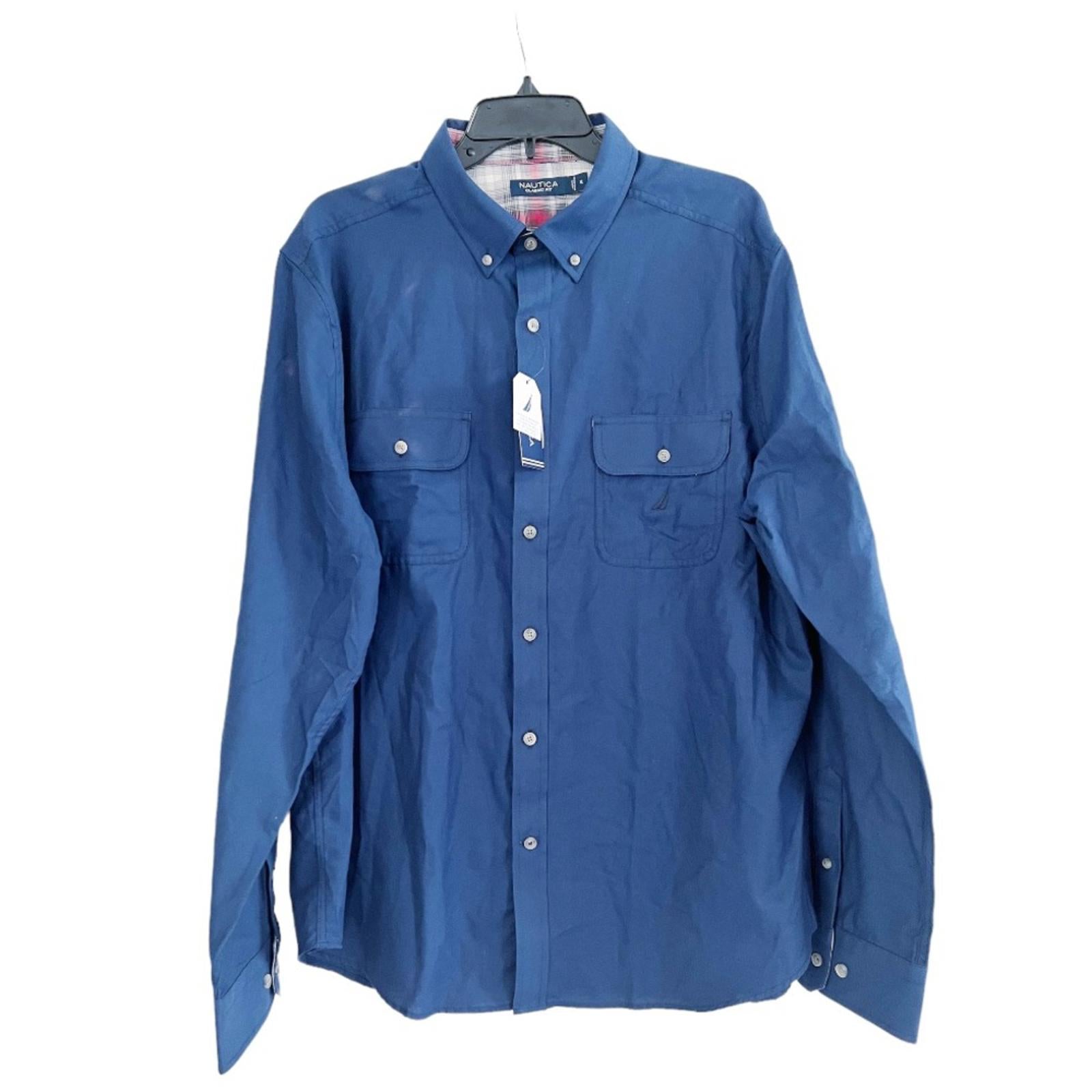 Nautica Twill Dress Shirt Navy Blue Plaid Detailed Rollable Sleeves, Size XL NWT