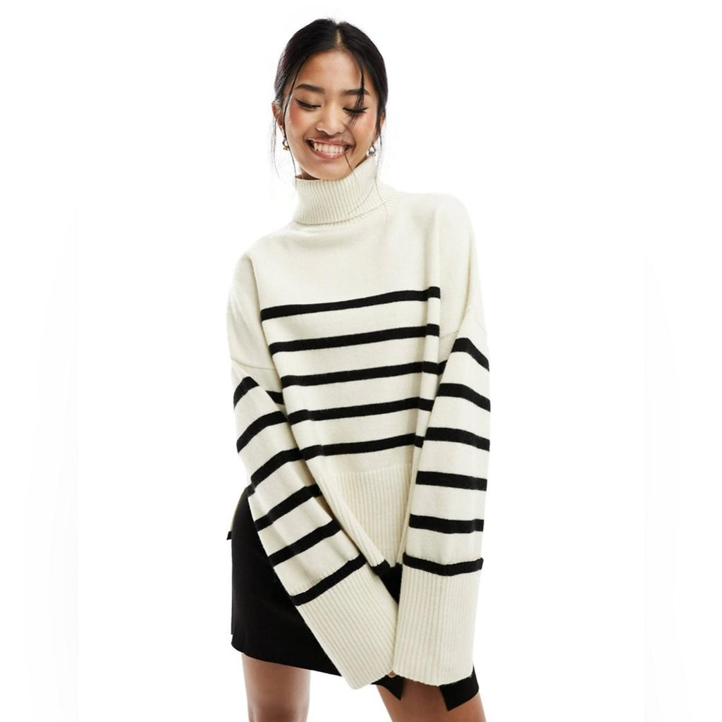 Bershka Roll Neck Sweater in Ecru & Black Stripe Sweater, Size S New w/Tag