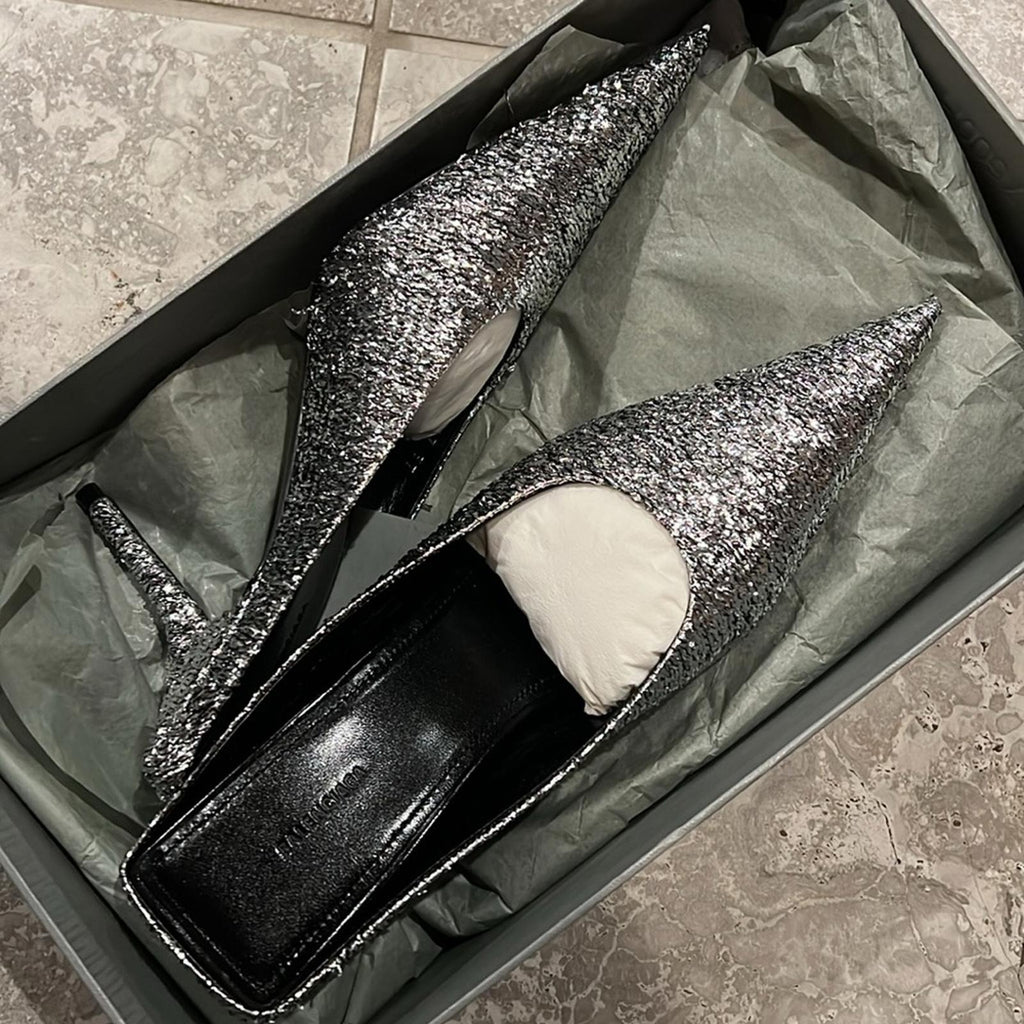 Balenciaga Knife Glitter High Heel Mules in Silver Titanium Size 37 New +DustBag
