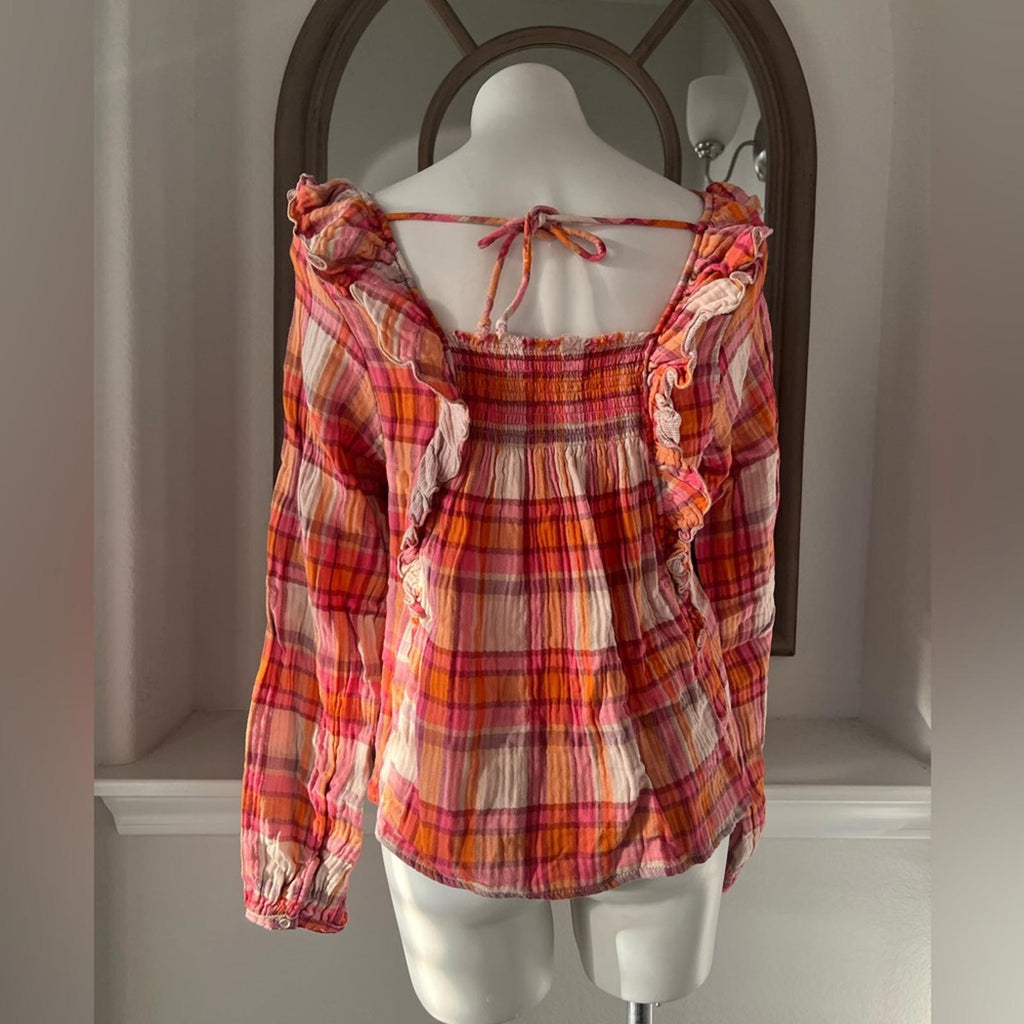 Free People Pullover Plaid Long Sleeve Ruffle Top, Size M New with Tag