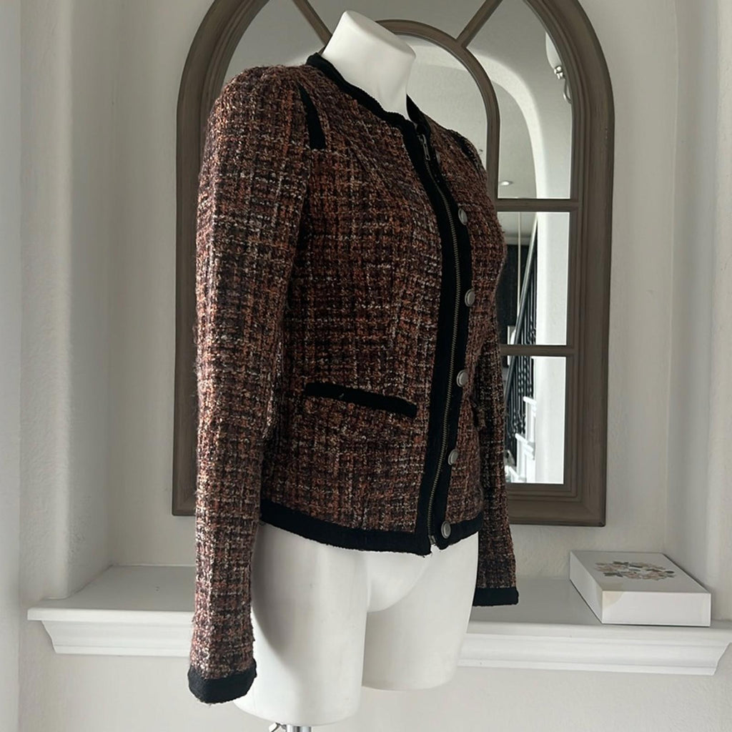 Free People Tweed Moto Jacket, Wool Brown/Purple w/Black Trim Size 4 Retail $198