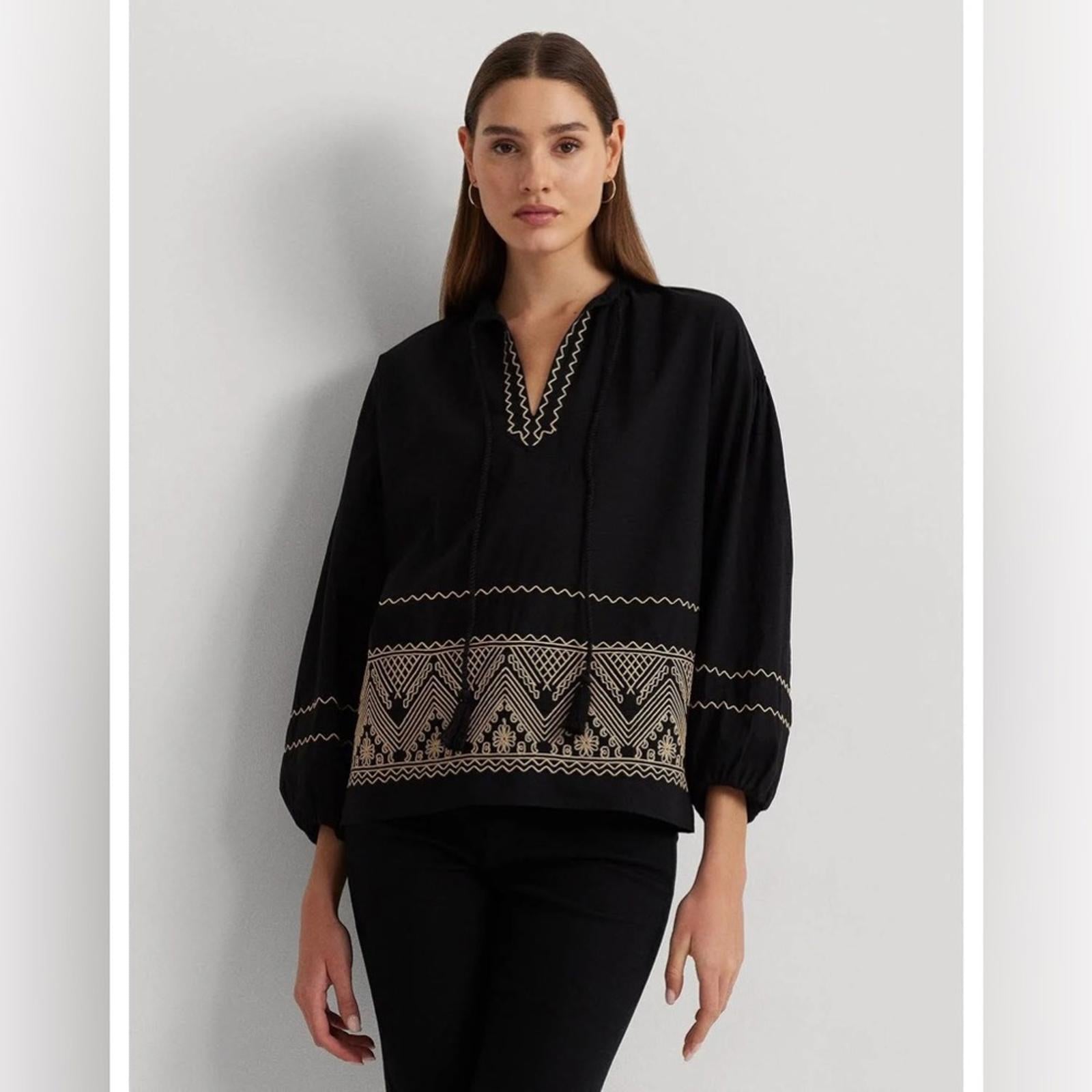 Lauren Ralph Lauren V-Neck Bishop Sleeves Pullover Top in Black Size S NWT