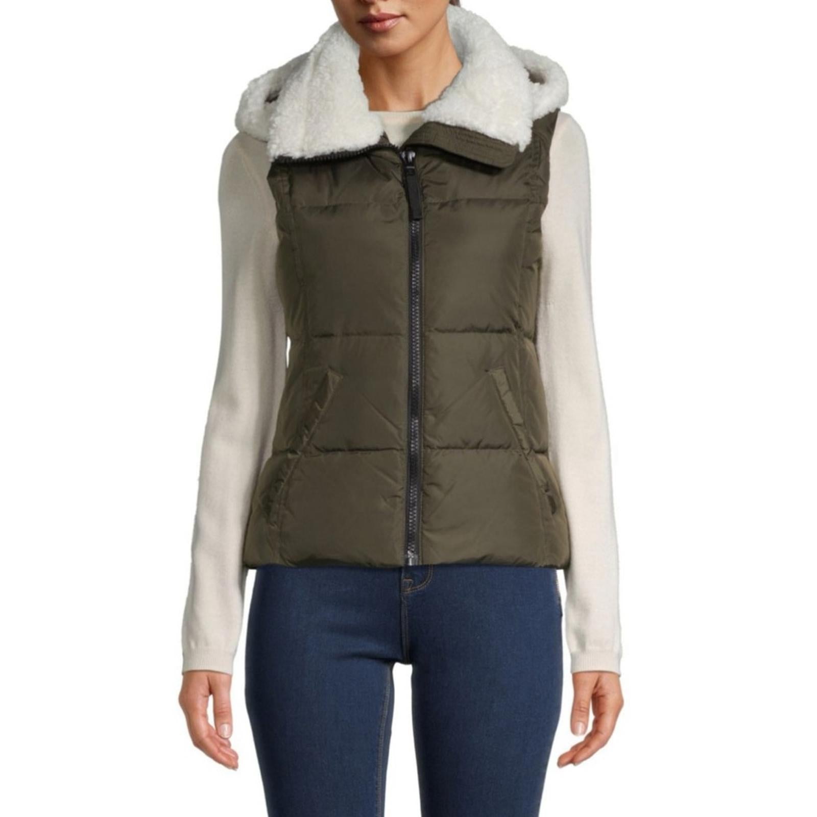 AQUA Annie Hooded Puffer Vest in Military/White Size S New w/Tag
