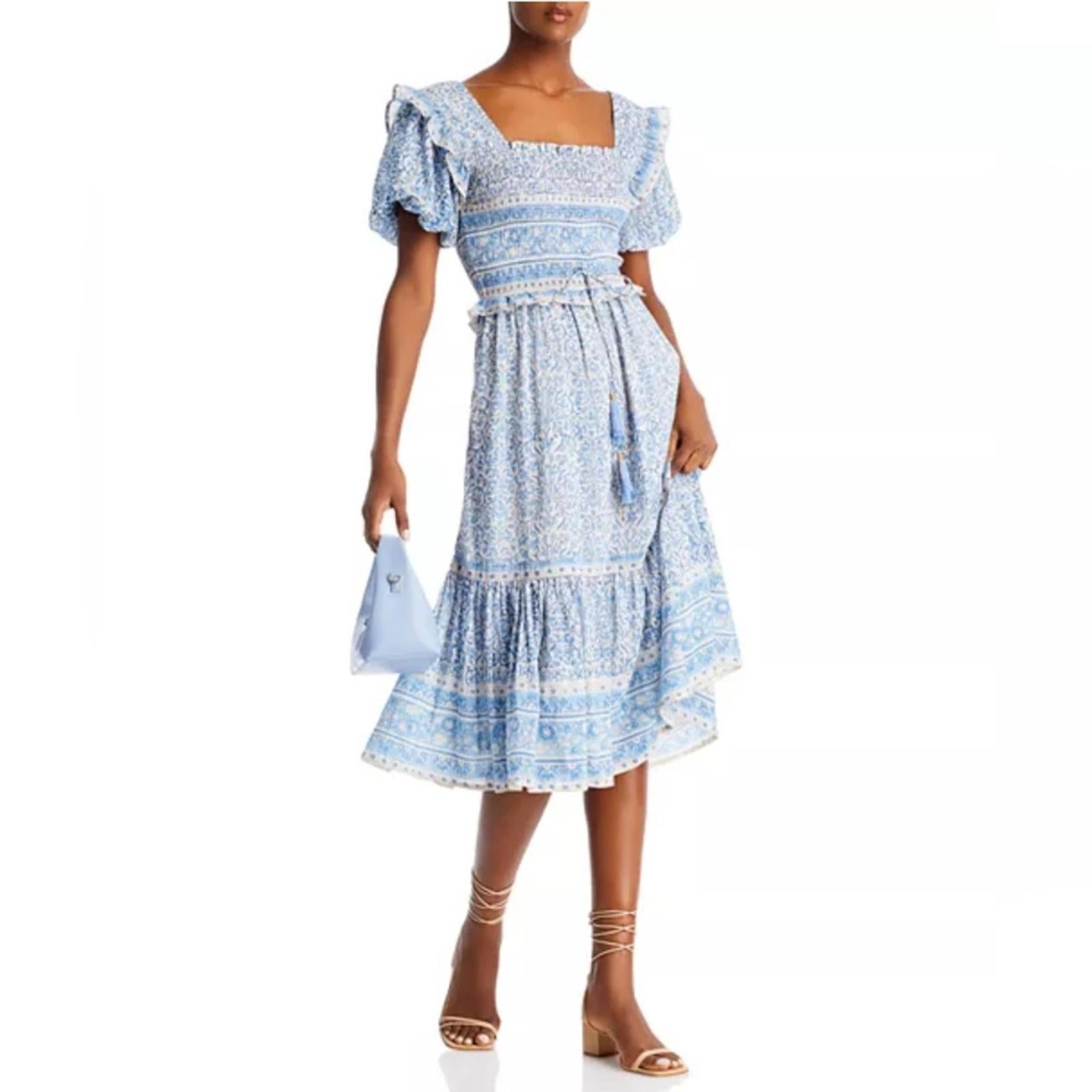 Bell Ashley Ruffled Puff Sleeve Midi Dress in Blue White, Size XL New w/Tag $408