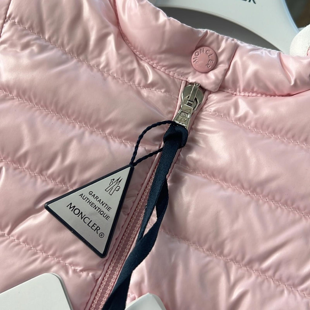 MONCLER Paulas Down Logo-Patch Sleeve Jacket, Pink Girl’s Size 6-9M New w/Tag