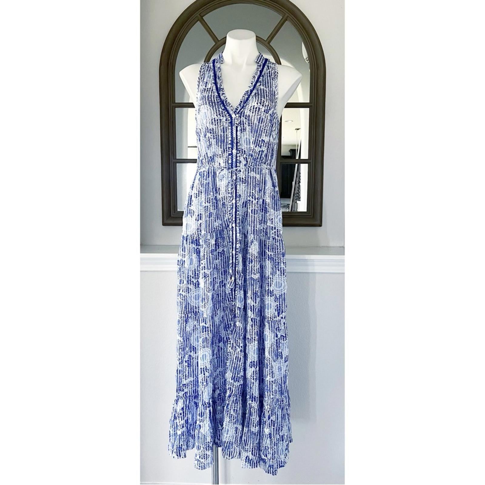 Poupette St. Barth Nana Printed Maxi Dress Revolve Blue Begonia Size L New w/Tag