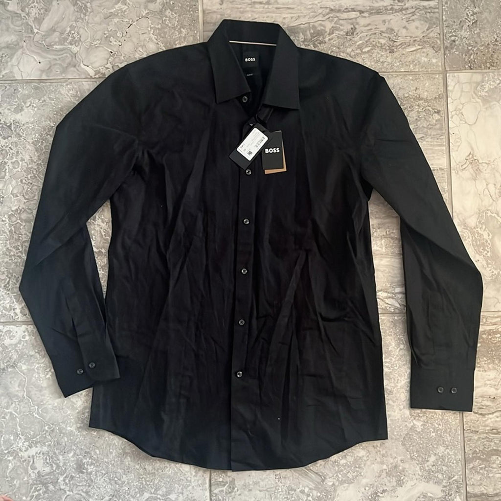 Boss Slim-Fit Shirt in Italian Cotton with Jacquard Monograms in Black Size 16.5