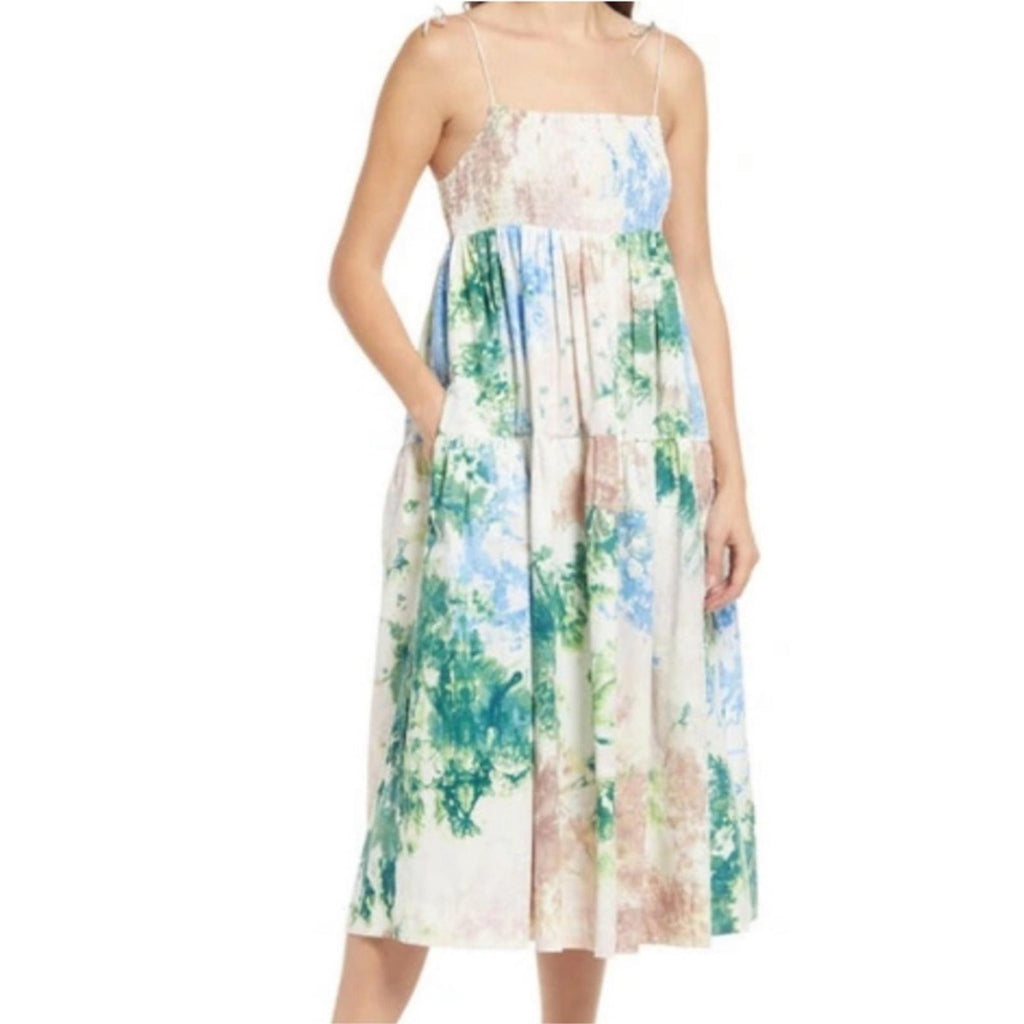 S/W/F Anthropologie Shirred Midi Dress in Skyline, Size S New w/Tag Retail $329