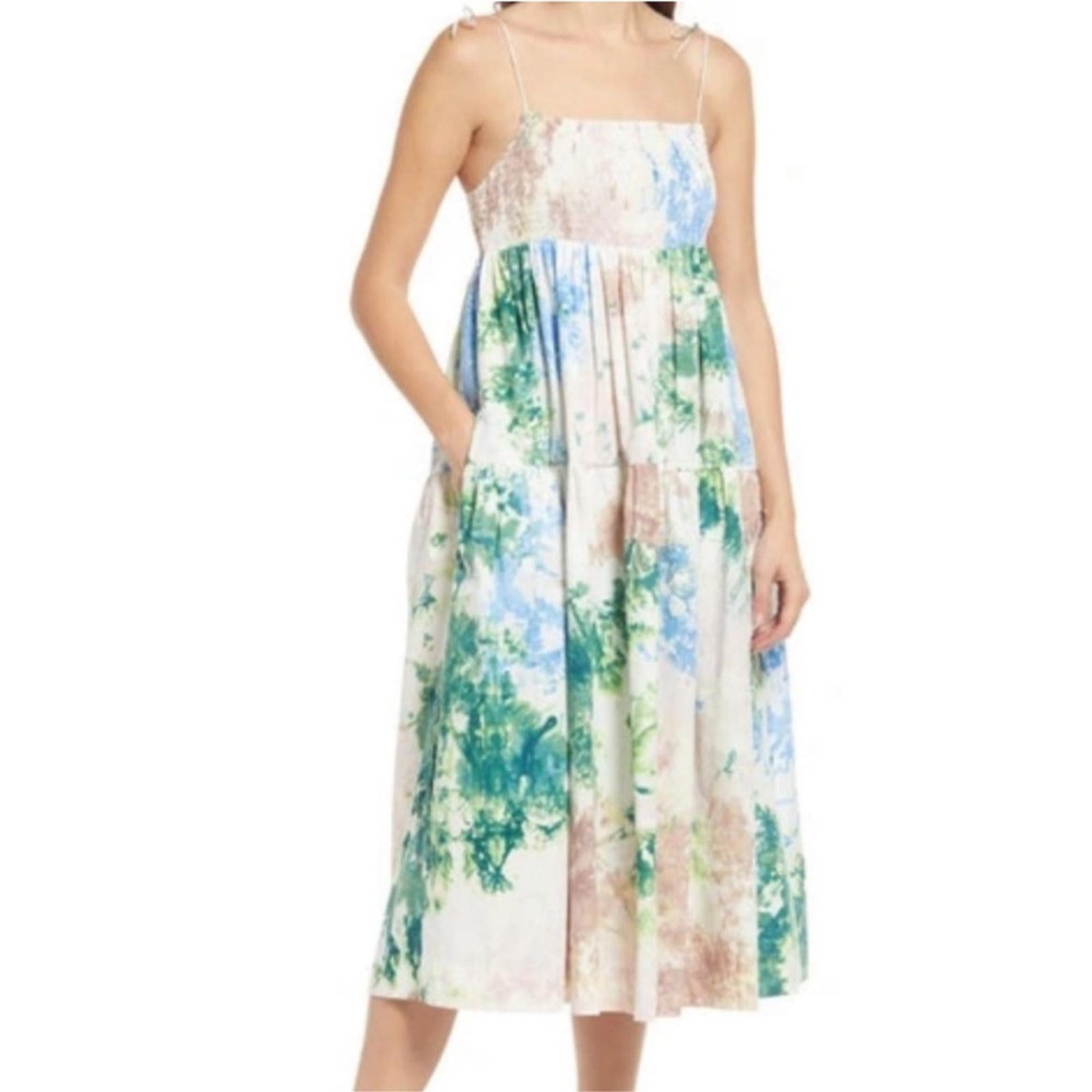 S/W/F Anthropologie Shirred Midi Dress in Skyline, Size S New w/Tag Retail $329